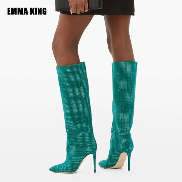 

boots women crystal knee high luxury green pointed-toe rhinestone lady heels wedding shoes for 2021, Black