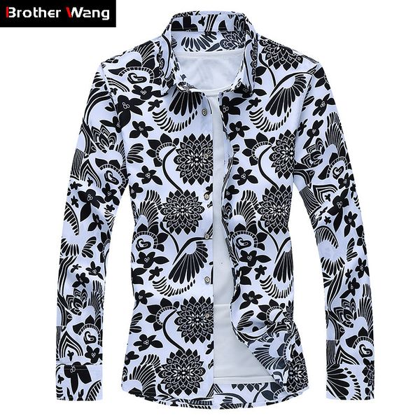 

2021 new spring and autumn men's casual floral fashion hawaii long sleeve shirt male brand clothes plus size 5xl 6xl 7xl cf93, White;black
