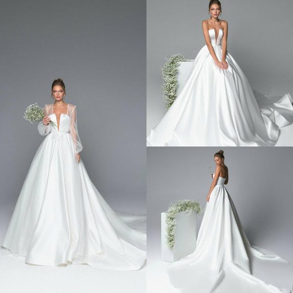 

simple a line wedding dresses with jacket satin strapless sweep train beach wedding dress bridal gowns custom robe de mariée, White