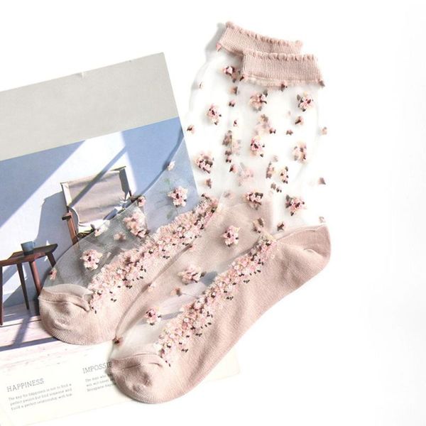 

ultra thin socks summer women transparent lace silk crystal breathable rose flower girls woman elastic short female socks, Black;white