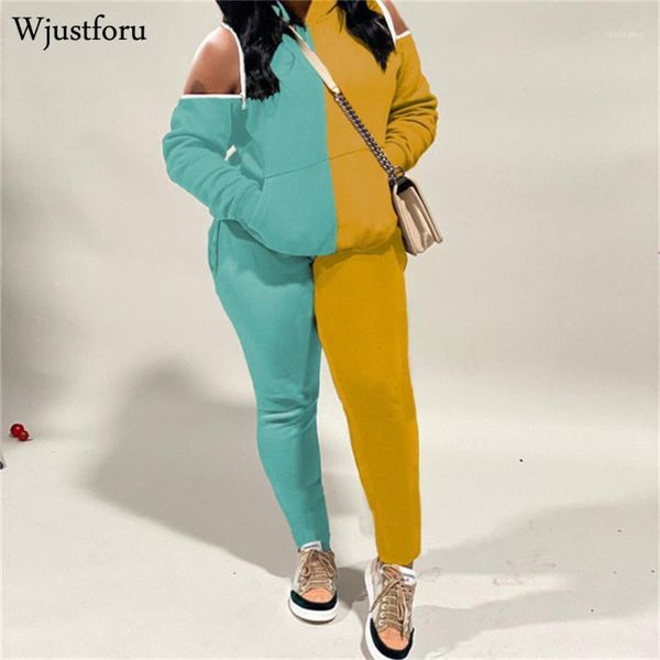 

women's two piece pants wjustforu zipper off shoulder set women long sleeve hoodies sweetshirt slim high waist casual patchwork outfit, White