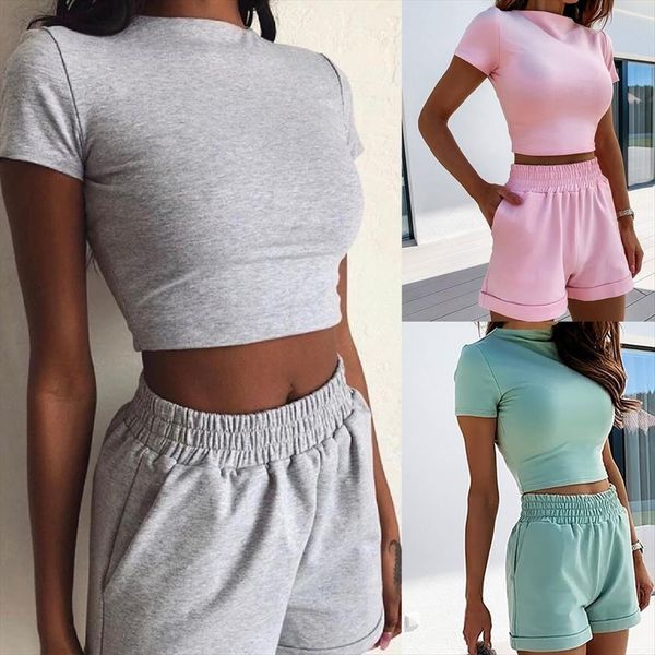 

2 piece outfit set slim womenpant crop t shirt high waist shorts pants solid color women sport fitness, White