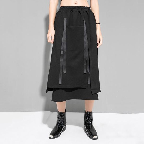 

skirts xuxi spring autumn 2021 simple high elastic belt short skirt, black ribbon cut, medium character female body trend fz0867