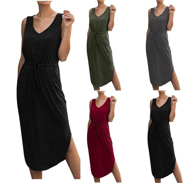 

casual dresses women's v-neck sleeveless office solid color lace-up dress summer beach split tank, Black;gray