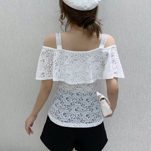 

2021 summer european clothes t-shirt chic all match diamods lace ruffles off shouder women ropa mujer shirt tees new t06309 tf27, White
