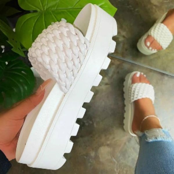 

summer slippers fashion new women sandals solid color open toe woven sandals heel thick outdoor beach women's, Black