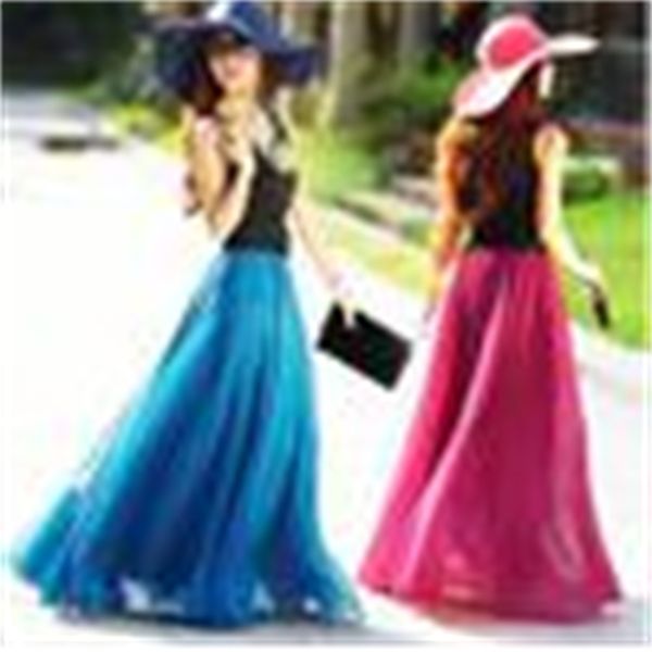 

many color fashion skirts women summer chiffon skirts beach party dress ladies dress maxi skirt girl stretch waist band long skirt, Black