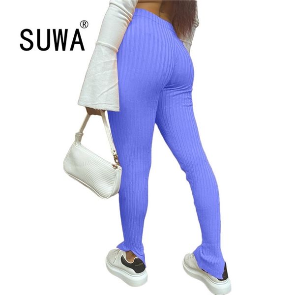 Sólido com nervuras malha Bodycon Plus Size Leggings Mulheres Sexy Cintura Alta Split Hem Skinny Pant Calça Outono Casual Calças Femininas 210525