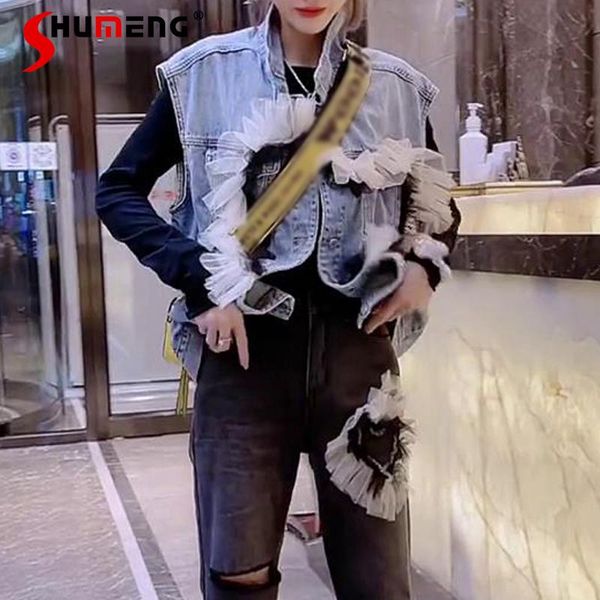 

women's vests clothing denim vest loose stitching mesh slimming 2021 summer fashion coat for women jean flowers, Black;white