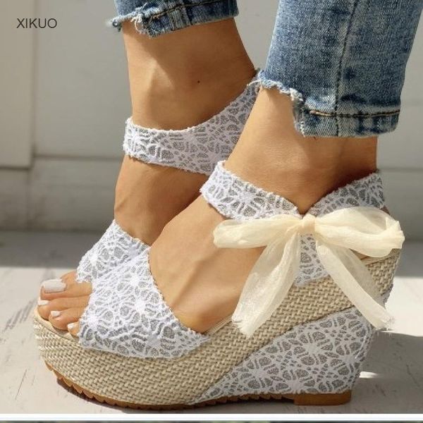 

sandals fish mouth women 2021 summer korean fashion slope heel super high ribbon shoes, Black