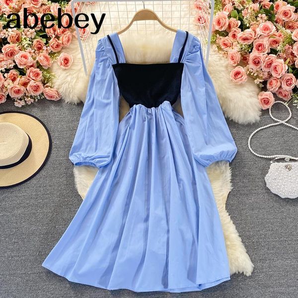 

casual dresses 2021 spring autumn korean square collar long sleeve dress hit color patchwork high waist pleated mid-length a-line, Black;gray