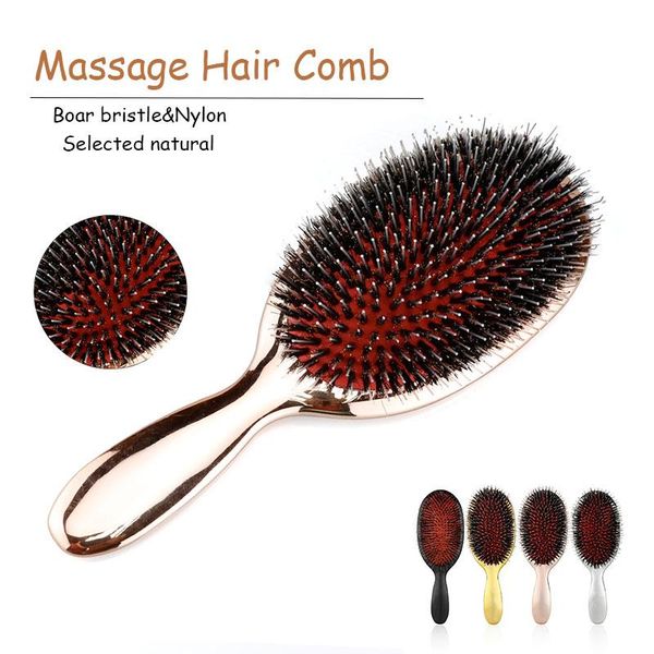 

hair brushes selected natural massage paddle brush anti-static abs handle gold-plated smooth boar bristle&nylon comb, Silver