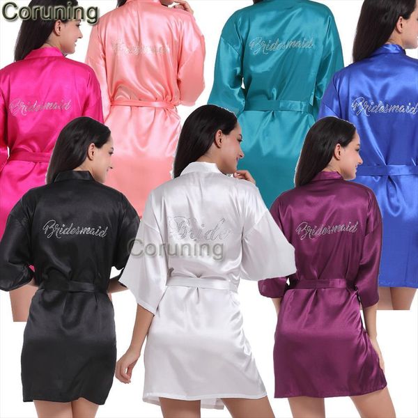 

rb87 summer short satin women sleepwear rhinestone letter bride robes bridesmaids and maid of honor nightwear wedding bathrobe, Black;red