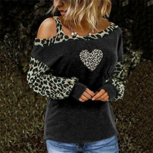 

women's t-shirt women shirt fashion leopard love print female harajuku one-shoulder long sleeve autumn 2021, White