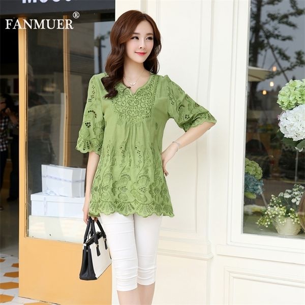 

casual summer women blouses vintage embroidery shirt short sleeve blouse ladies floral womens clothing plus size cotton 210225, White
