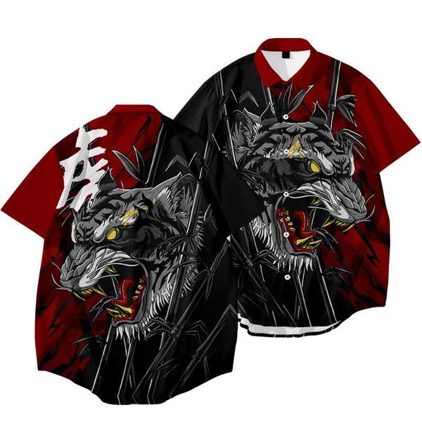 

ethnic clothing lapel short sleeve shirt year of the tiger-fierce (red and black contrast) fashion printed cardigan men's top