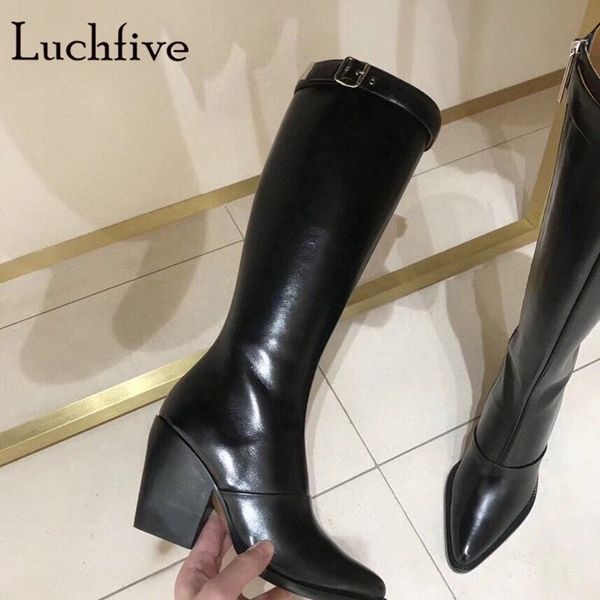 

2018 runway autumn knight over the knee boots for women high heels winter shoes buckled strap motorcycle thigh high boots leather boot 70on#, Black