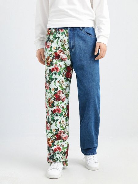 

men floral & colorblock print straight leg jeans n6rn#, Blue