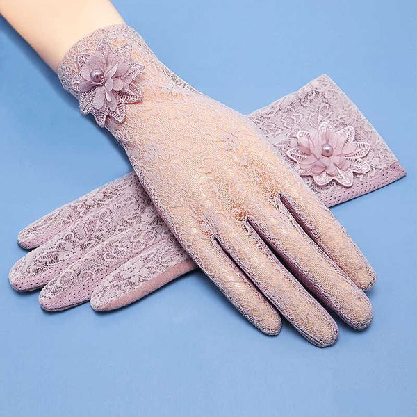 

new 1 pair fashion lace women autumn summer sunscreen uv-proof driving gloves ladies mesh short thin touch screen gloves y0827, Blue;gray
