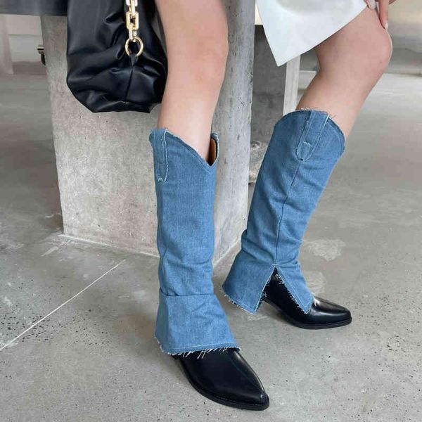 

boots blue denim patchwork wesern cowboy knee women pointed toe long thigh riding shoes 4sfq, Black