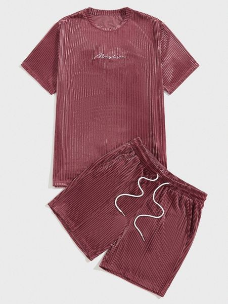 

men letter embroidery velvet tee & shorts l7vz#, Gray