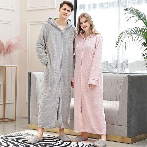 

women's sleepwear hooded robe thick long sleeve zipper flannel ladies home clothes dressing gown terry couple, Black;red