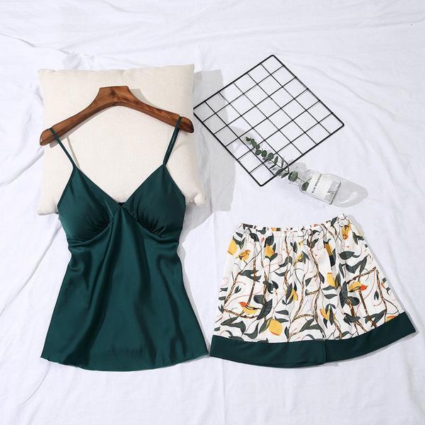 

sleep lounge women pajamas set with shorts satin pyjama sleepwear summer pyjama femme flower print pijama with chest pad, Black;red