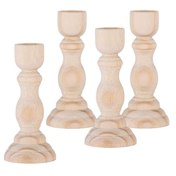 

candle holders 4pcs unfinished wood candlestick holder for craft project, ready to stain, paint or oil, 5 inches party decoration