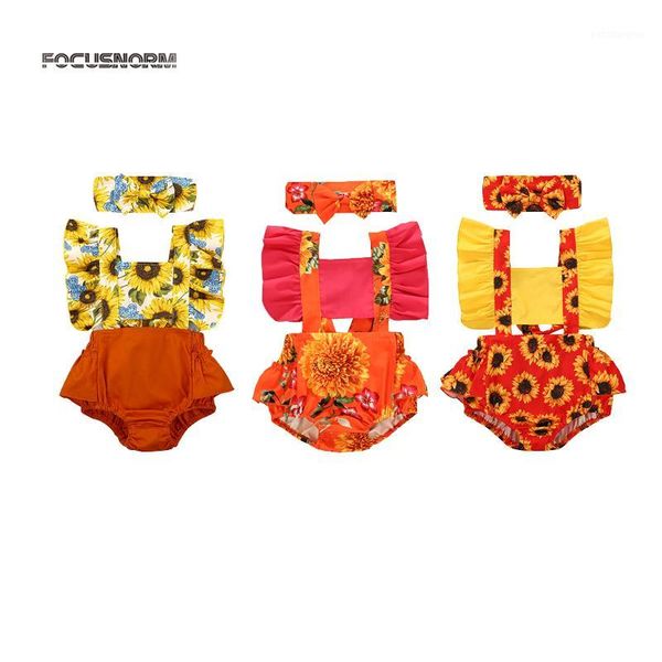 

rompers 0-24m ly summer infant baby girls bodysuits headband sunflowers print ruffles short sleeve jumpsuits1, Blue