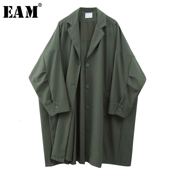 

eam] women green brief big size long trench new lapel long batwing sleeve loose windbreaker fashion spring 1x135 201030, Tan;black