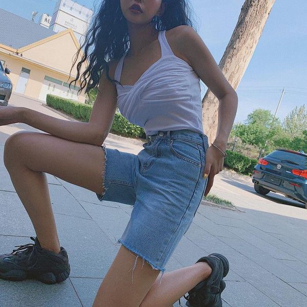 

women's jeans high waist slim denim shorts plus size fashion tight-fitting five-point washed female summer, Blue