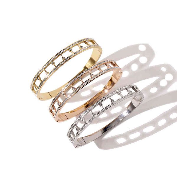 

charm bracelets 56 niche design metal hollow out diamond inlaid titanium steel color retaining women's fashion, Golden;silver