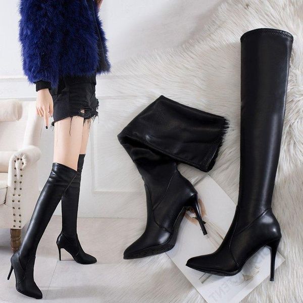 

boots lady thigh high heels brand women's shoes over-the-knee stiletto fashion leather pointy rubber riding soli, Black