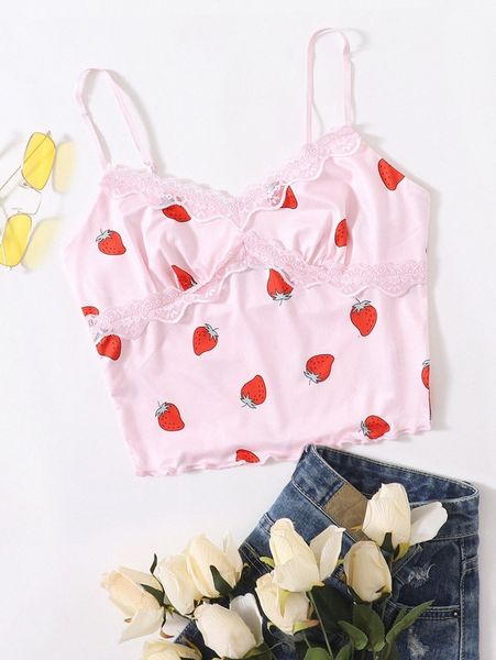 

strawberry print lace detail cami y3oj#, White