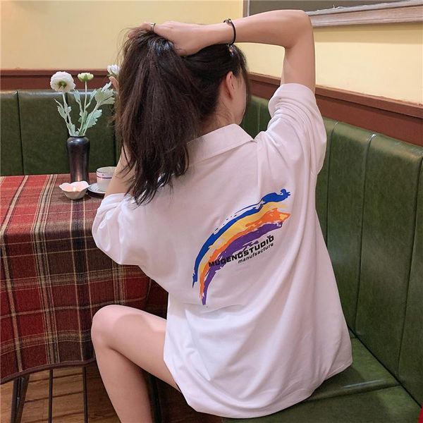 

women's t-shirt rainbow shirt short sleeve female ins 2021 loose korean chic summer o-neck plus size ladies t-shirts, White