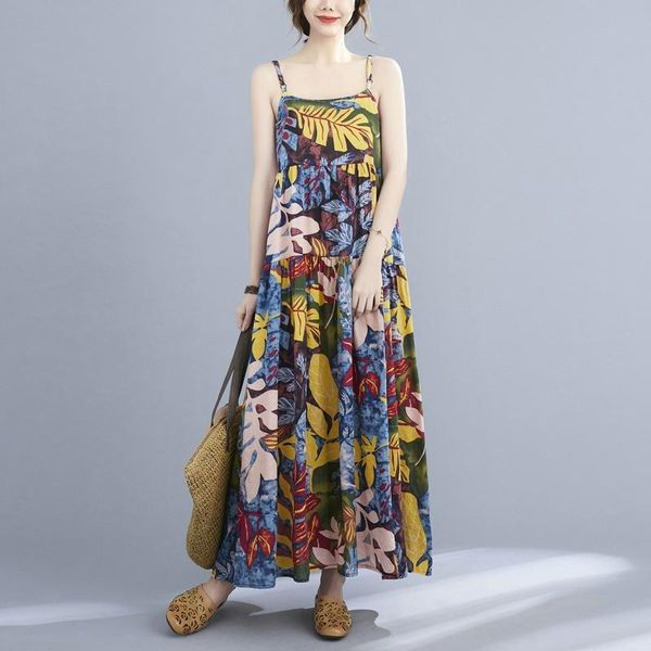 

casual dresses johnature women vintage cotton sleeveless print floral suspender dress 2021 summer sweet style loose long, Black;gray