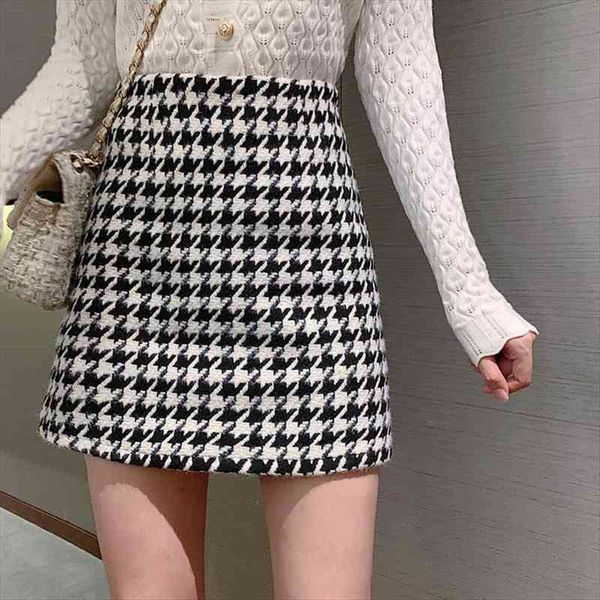 

high waist houndstooth woolen short women skirt all match black