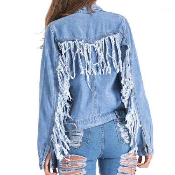 

plus size women denim jacket turn-down collar blue jeans coat female casual loose buttons ripped tassel outerwear1, Black;brown