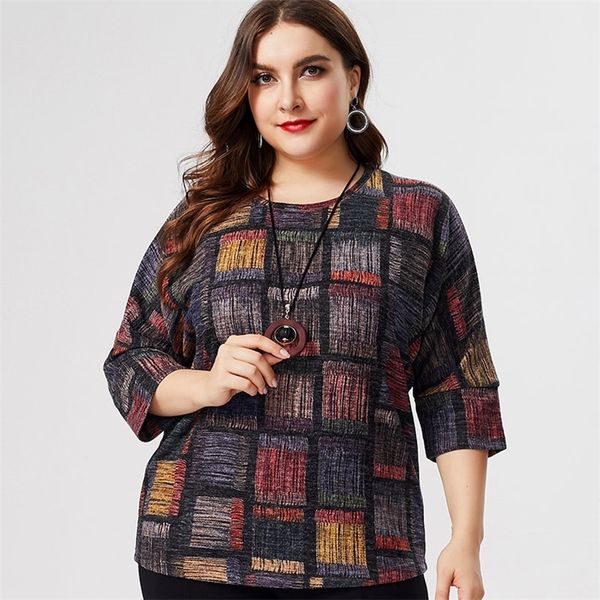 

fall women long sleeve printed plaidt-shirt fashion ladies vintage elegant mom clothes plus size womens bat sleeve 210315, White