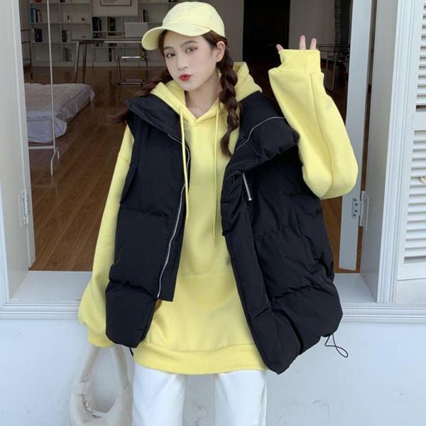 

women's vests autumn winter cotton plus size 3xl loose vest coat padded solid short sleeveless jacket oversized with zippers pockets, Black;white