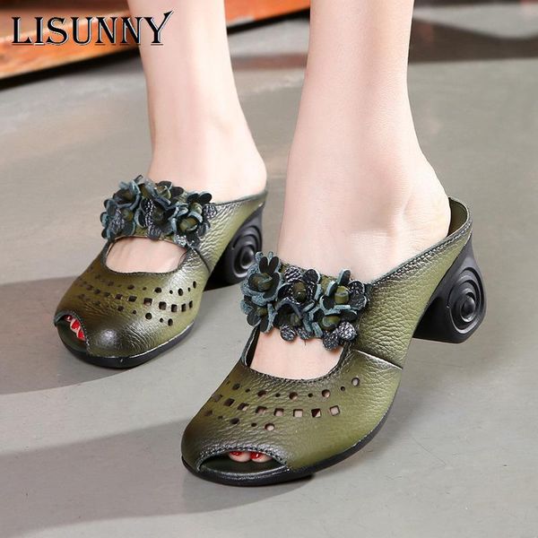 

slippers lisunny fashion flip flops thick heels handmade flower slides genuine leather women sandals summer shoes, Black