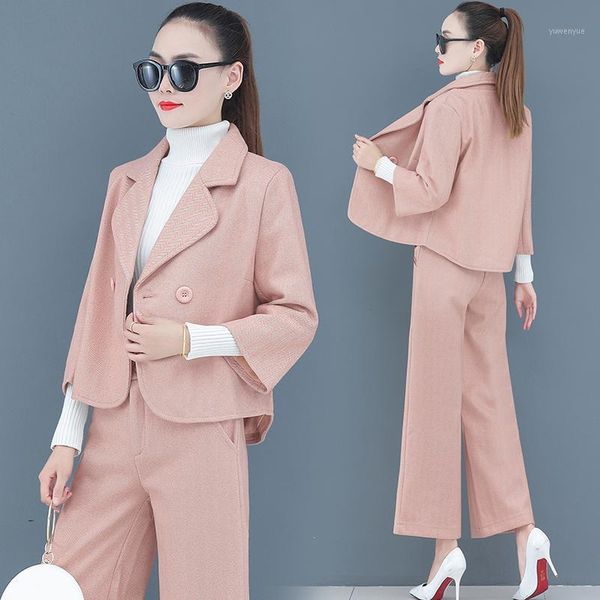 

leisure suits female autumn outfit western style fashion vertical wide-legged pants fall two-pcs women clothing set coat top, White