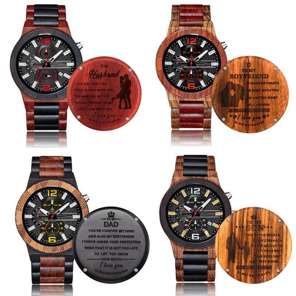 

wristwatches to boyfriend/husband/son/dad customize carve fashion natural wooden wrist watch men luminous hands calendar business luxury gif, Slivery;brown