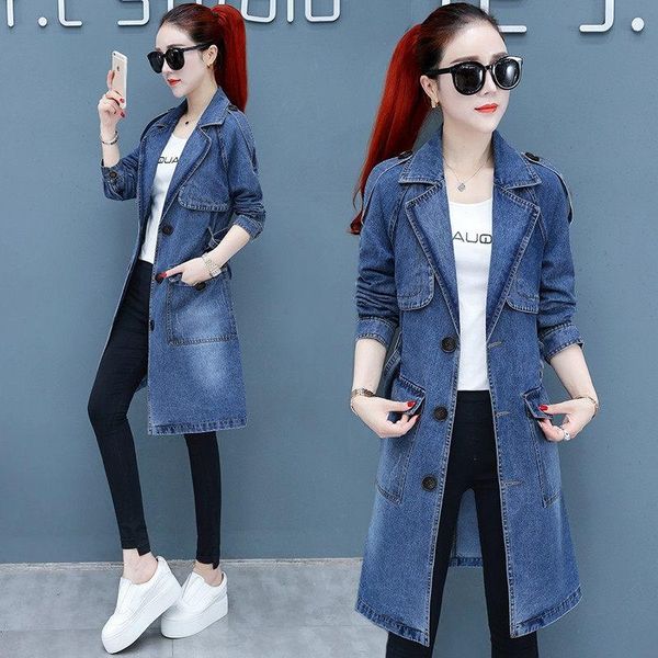 

women's trench coats spring 2021 high-end long denim jacket windbreaker temperament lady suit collar single breasted bandage coat k316, Tan;black