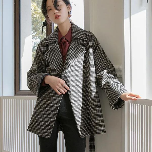 

women's wool & blends temperament houndstooth profile suit collar woolen coat female waist spring and autumn, Black