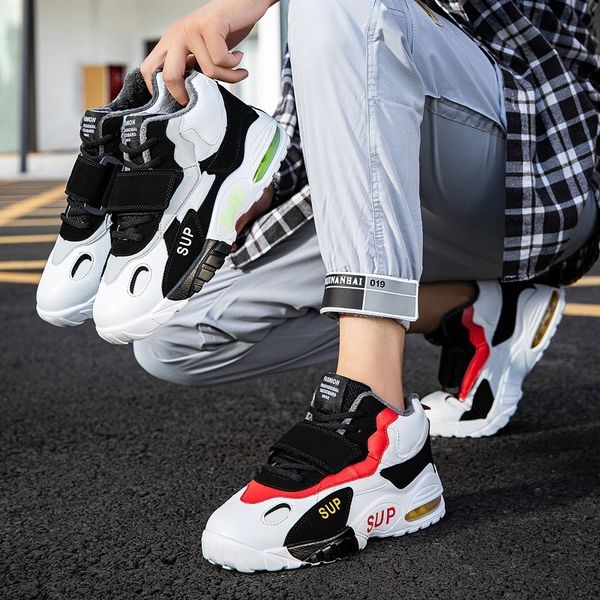 

winter plush basketball autumn men's running air cushion fashion trend casual shoes, Black