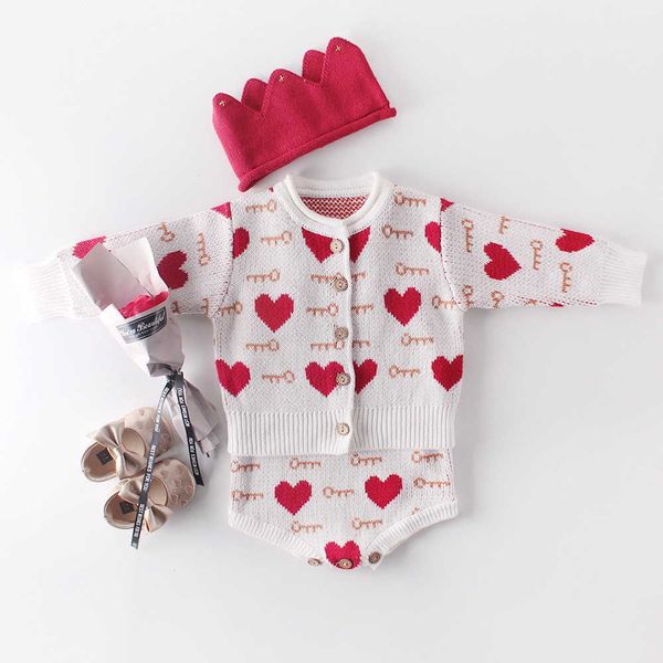 Liebe Herz Baby Sets Valentinstag Schlüssel Langarm Pullover Mantel + Strampler 2 stücke Outfits Kinder Kleidung 0-2 jahre E86022 210610