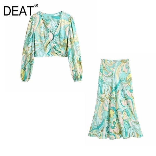 

[deat] summer fashion long sleeve v-neck hollow out printing shirt knee-length skirts women two-piece suit 13q370 210527, White