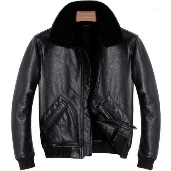 

men's leather & faux genuine jacket men real sheepskin coat coldproof winter thick warm fur collar coats outerwear male brand jackets, Black