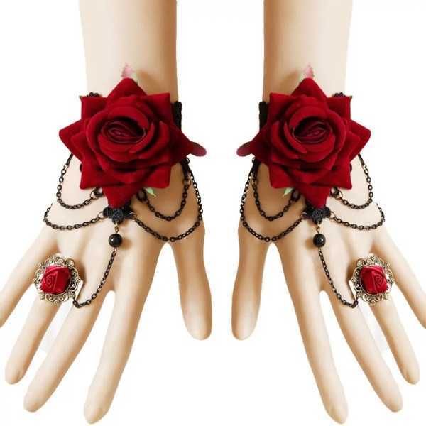 

japanese and korean new fashion halloween lace red rose bracelet ring one wristband bridal jewelry, Silver